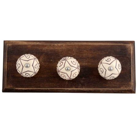 Cream Base Brown Etched Ceramic Wooden Hooks